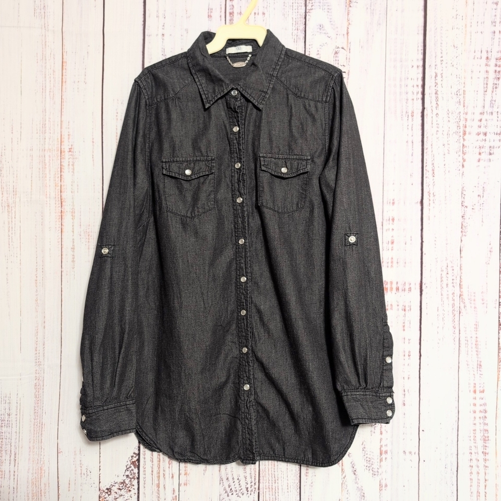 Ali & Kris Ladies Denim Style Western Shirt sz L Black Pearl Snap Buttons VGC